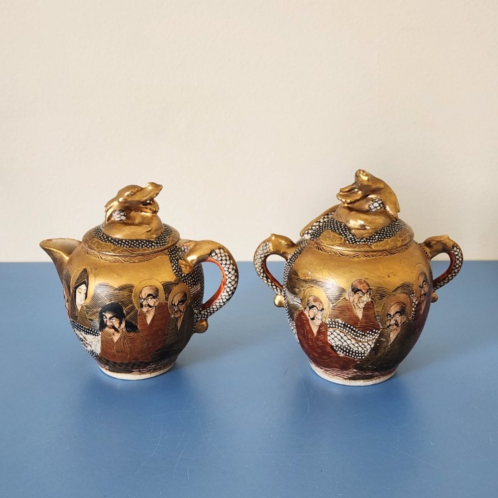 VINTAGE ROYAL SATSUMA CREAMER, SUGAR, SERVING SET, COFFEE, TEA, JAPANESE